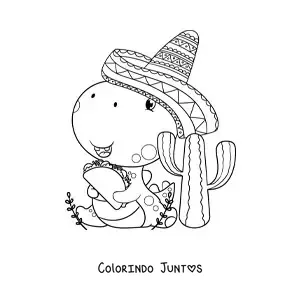 Desenho para colorir de dinossauro animado com sombrero mexicano e um taco