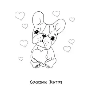 Desenho para colorir de buldogue francês sentado segurando um coração com corações ao fundo
