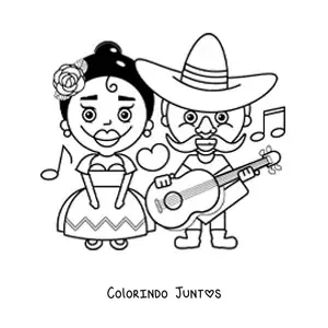 Desenho para colorir de casal mexicano com trajes tradicionais