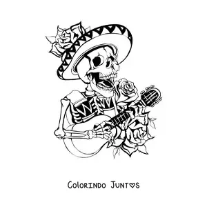 Desenho para colorir de esqueleto mariachi mexicano