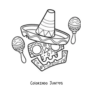 Desenho para colorir de caveira mexicana em desenho animado com maracás
