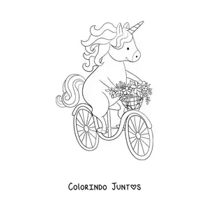 Desenho para colorir de um unicornio kawaii andando de bicicleta com flores
