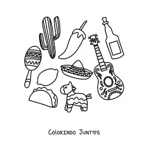 Desenho para colorir de elementos da cultura mexicana