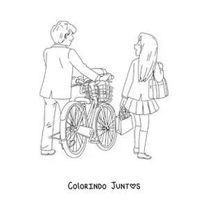 Desenho para colorir de um casal com uma bicicleta