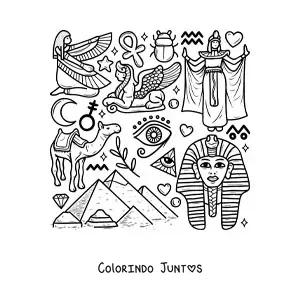 Desenho para colorir de pirâmides e elementos da cultura do antigo egito