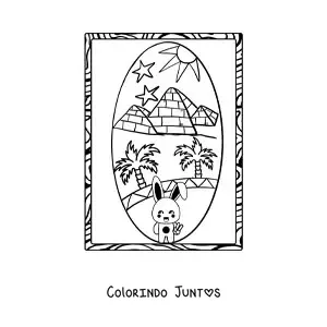 Desenho para colorir de coelho animado visitando as pirâmides egípcias