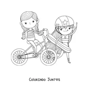Desenho para colorir de uma menina de bicicleta e uma menina com um skate
