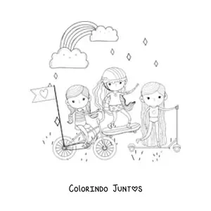 Desenho para colorir de tres meninas andando de bicicleta, skate e patinete com arco-iris ao fundo