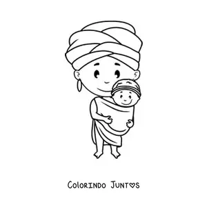 Desenho para colorir de mulher africana animada com um bebê
