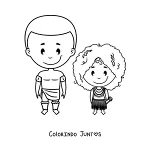 Desenho para colorir de menina de tribo africana e seu pai