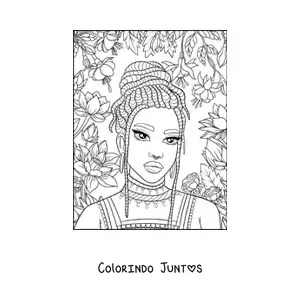 Desenho para colorir de bela mulher africana com tranças e flores