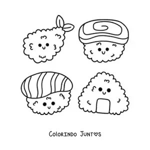 Desenho para colorir de sushi kawaii animado