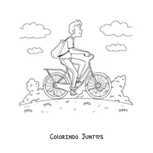 Desenho para colorir de um homem em uma bicicleta com nuvens ao fundo