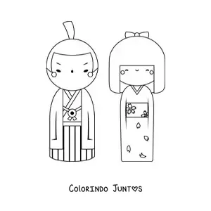 Desenho para colorir de casal japonês com vestimenta tradicional