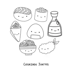 Desenho para colorir de comida japonesa animada