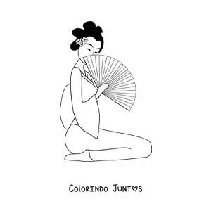Desenho para colorir de gueixa com leque