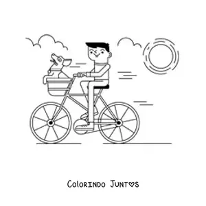 Desenho para colorir de um menino em uma bicicleta com um cachorro na cestinha