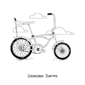 Desenho para colorir de uma bicicleta antiga com nuvens ao fundo
