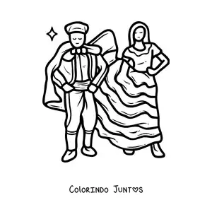 Desenho para colorir de bailarina de flamenco animada e seu par