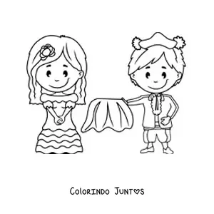 Desenho para colorir de bailarina de flamenco animada e toureiro