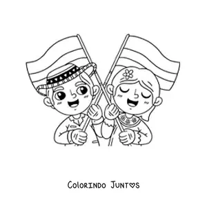 Desenho para colorir de criancas colombianas animadas com a bandeira