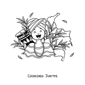 Desenho para colorir de mulher com traje tradicional e o mapa da Colombia