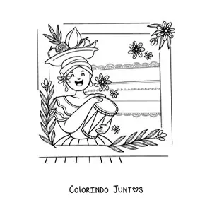 Desenho para colorir de mulher com traje tradicional colombiano tocando tambores