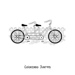 Desenho para colorir de uma bicicleta dupla com uma cerca ao fundo