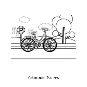Desenho para colorir de uma bicicleta no parque com predios ao fundo