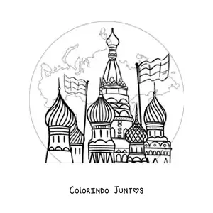 Desenho para colorir de catedral de Sao Basilio com o mapa da Russia