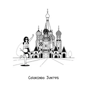 Desenho para colorir de menina turista na catedral de Sao Basilio