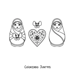 Desenho para colorir de bonecas russas animadas com um coracao