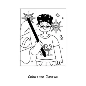 Desenho para colorir de menino com a bandeira do Brasil