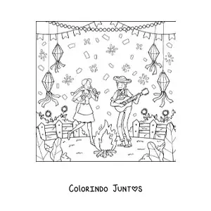 Desenho para colorir de casal celebrando as festas juninas tradicionais do Brasil