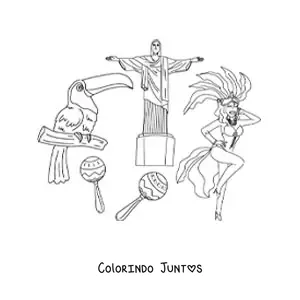 Desenho para colorir de Cristo Redentor e elementos da cultura do Brasil