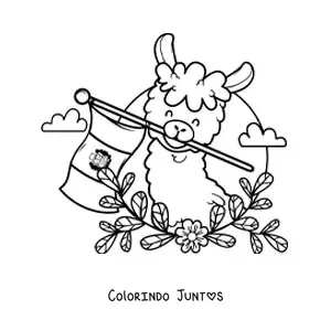 Desenho para colorir de alpaca animada com a bandeira do Peru