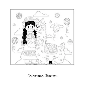 Desenho para colorir de menina peruana com traje tradicional e uma alpaca