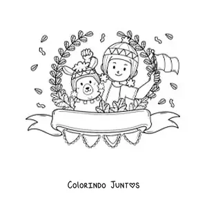Desenho para colorir de menino peruano com traje tradicional e uma alpaca animada