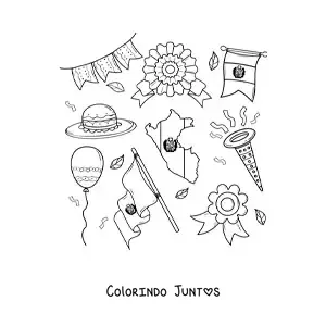 Desenho para colorir de bandeira e mapa do Peru
