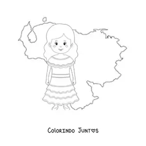 Desenho para colorir de menina com traje tradicional e o mapa da Venezuela