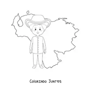 Desenho para colorir de menino com traje tradicional e o mapa da Venezuela