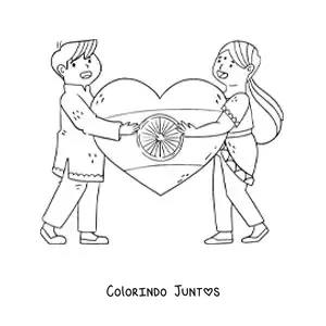 Desenho para colorir de criancas da India com bandeira em forma de coracao