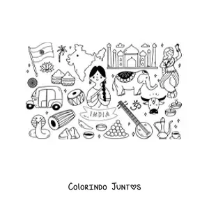 Desenho para colorir de elefante e elementos da cultura da India
