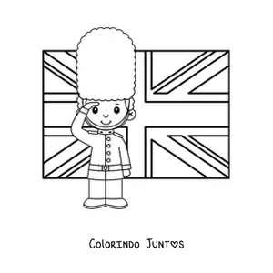 Desenho para colorir de guarda real animado com a bandeira do Reino Unido