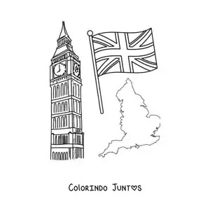 Desenho para colorir de Big Ben com a bandeira do Reino Unido e o mapa da Inglaterra