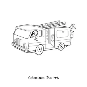 Desenho para colorir de dois bombeiros animados em um caminhao de bombeiros