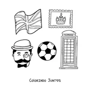 Desenho para colorir de elementos da cultura inglesa e bandeira do Reino Unido