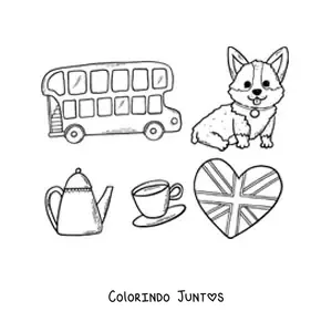 Desenho para colorir de onibus e elementos da cultura britanica
