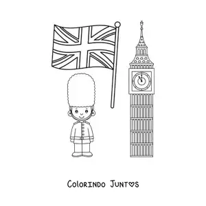 Desenho para colorir de menino guarda real com a bandeira do Reino Unido e o Big Ben