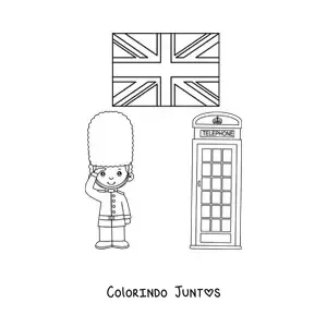 Desenho para colorir de guarda real animado com a bandeira do Reino Unido e uma cabine telefonica